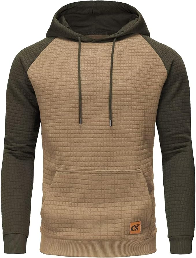 Men's Pullover Hoodies Plaid Jacquard Long Sleeve Drawstring Hipster Casual Hooded Sweatshirts with Kanga Pockets