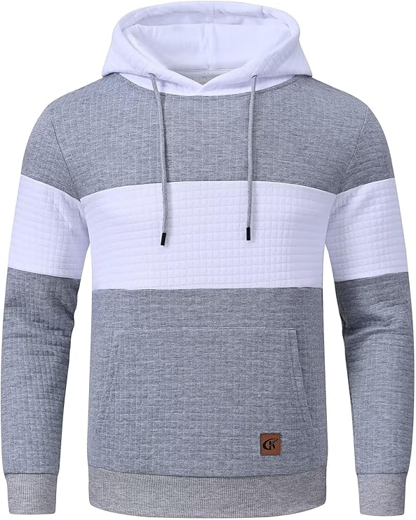 Men's Pullover Hoodies Plaid Jacquard Long Sleeve Drawstring Hipster Casual Hooded Sweatshirts with Kanga Pockets